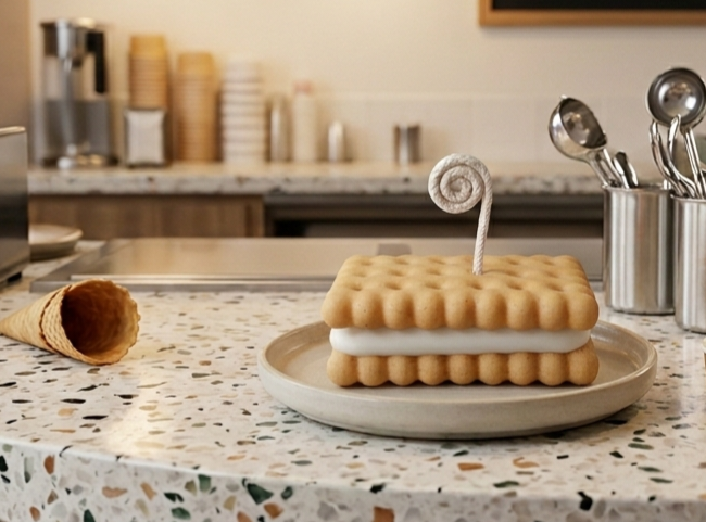 Vela Artesanal “Sándwich de Helado” – Dulzura que Enamora Sorprende con esta divertida y original vela en forma de sándwich de helado, elaborada cuidadosamente con cera de soja natural para ofrecer una combustión limpia y duradera.