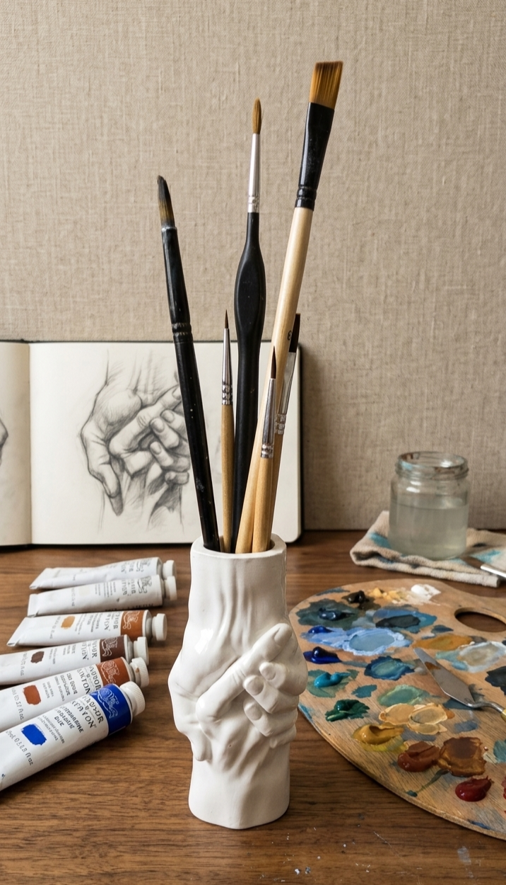 Portapinceles Artístico – Inspiración en Cada Trazo Organiza tus herramientas con estilo gracias a este exclusivo portapinceles artesanal, elaborado en yeso cerámico de alta calidad y diseñado para aportar personalidad a tu espacio creativo.