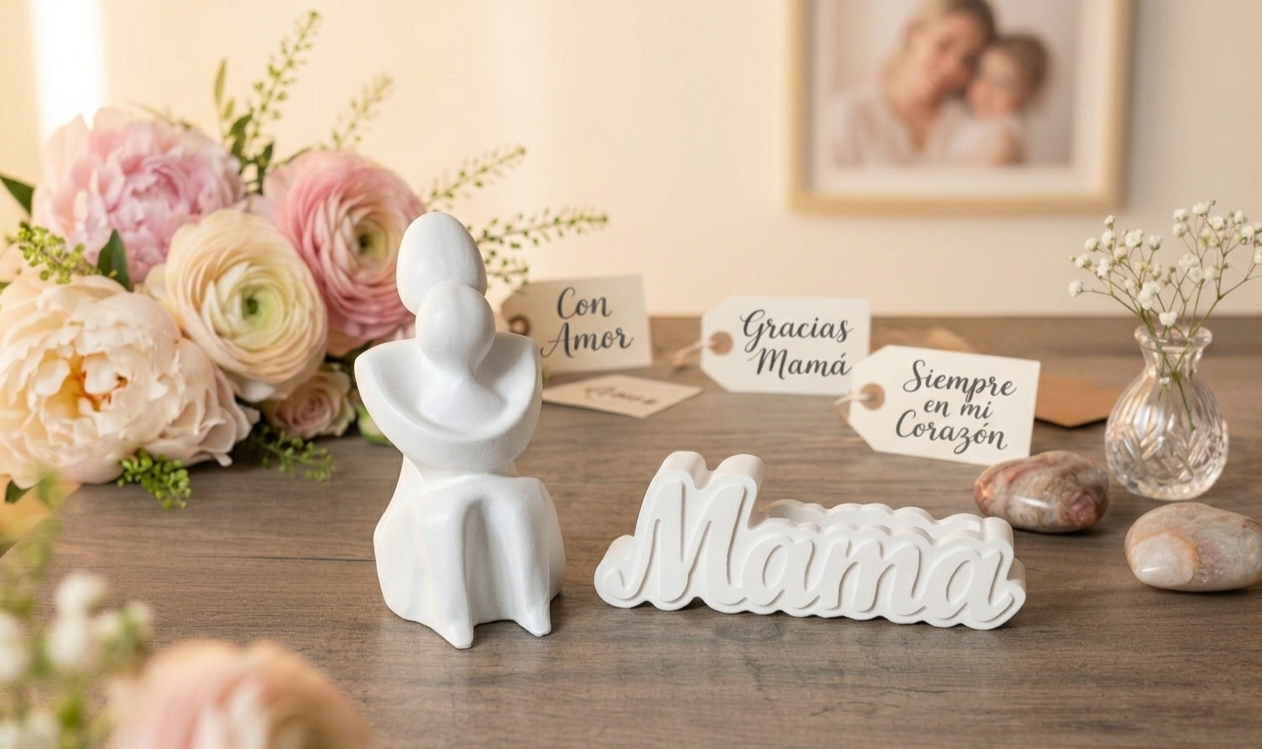 CONJUNTO FIGURA Y PALABRA MAMA. El vínculo más puro, plasmado en una pieza de arte. Nuestra escultura artesanal captura la esencia del amor incondicional. Elaborada meticulosamente en yeso cerámico de alta calidad.