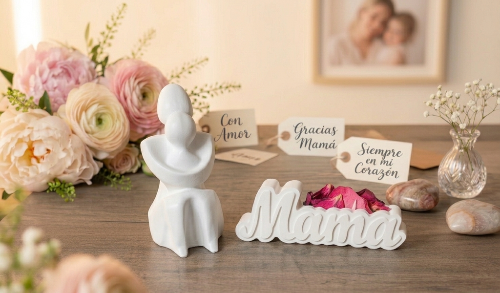 CONJUNTO FIGURA Y PALABRA MAMA. El vínculo más puro, plasmado en una pieza de arte. Nuestra escultura artesanal captura la esencia del amor incondicional. Elaborada meticulosamente en yeso cerámico de alta calidad.