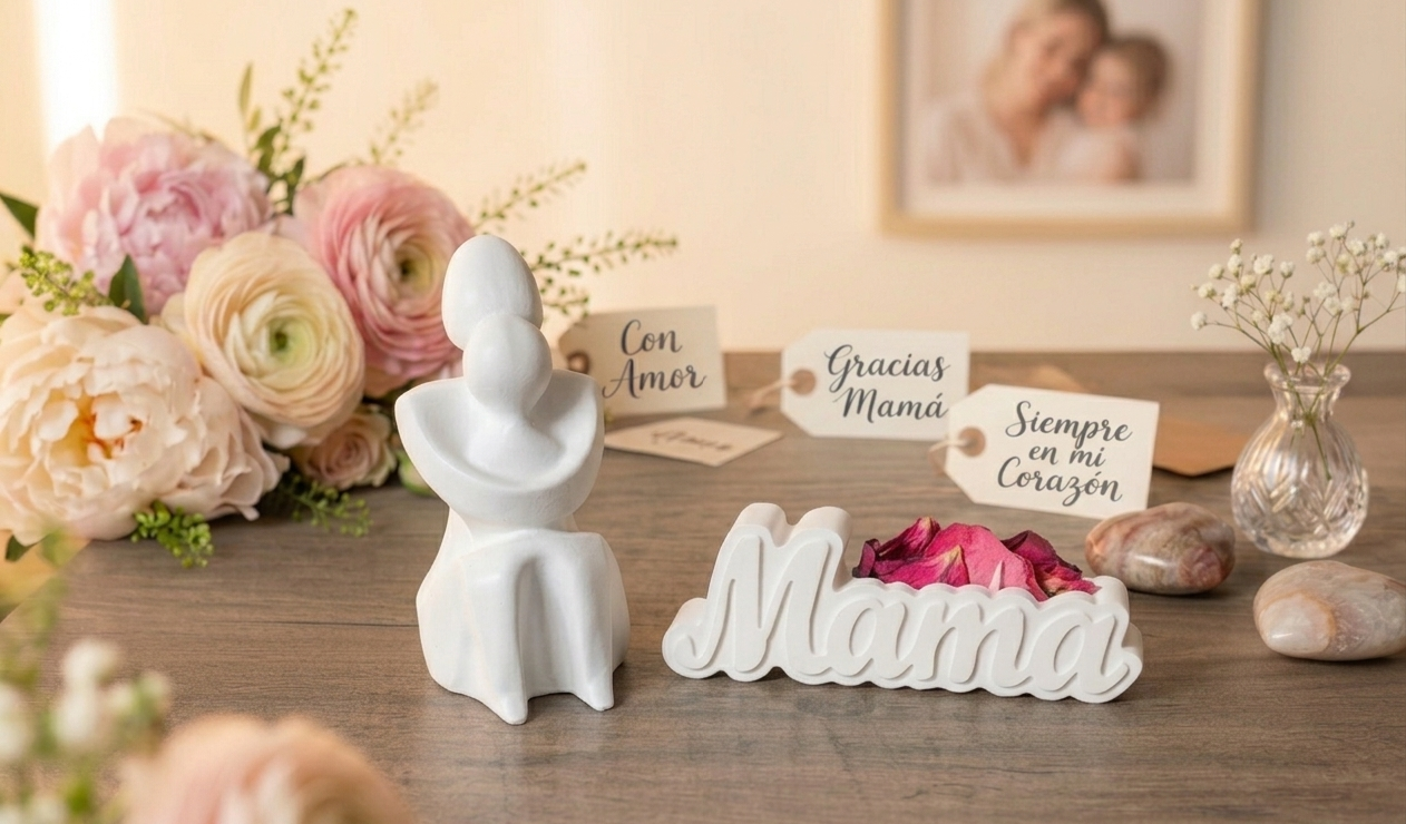 CONJUNTO FIGURA Y PALABRA MAMA. El vínculo más puro, plasmado en una pieza de arte. Nuestra escultura artesanal captura la esencia del amor incondicional. Elaborada meticulosamente en yeso cerámico de alta calidad.