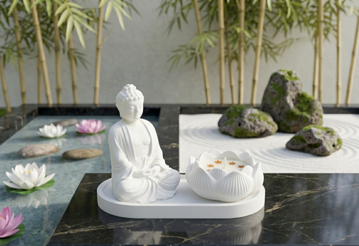 Transforma tu hogar en un refugio de paz y armonía. Encuentra tu momento de calma diaria con nuestro exclusivo conjunto decorativo de inspiración oriental.