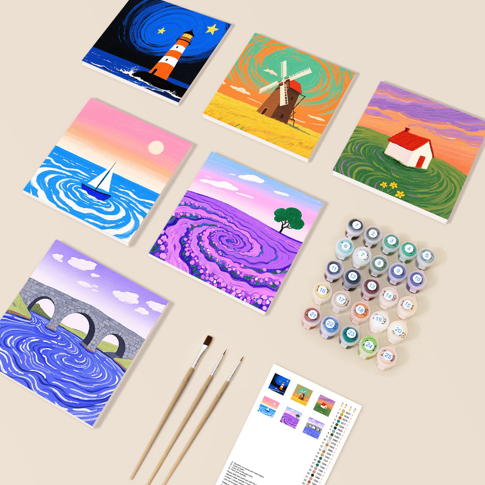 Kit Pintar Por Numeros en mini sets de 6 cuadros de 20x20cms