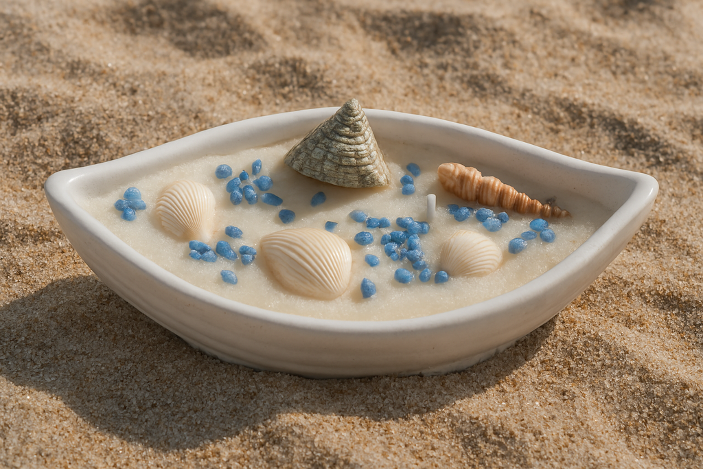 Déjate llevar por la calma del mar con esta vela artesanal presentada en un delicado recipiente de yeso cerámico con forma de barca.