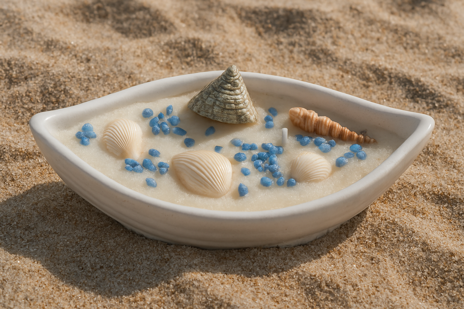 Déjate llevar por la calma del mar con esta vela artesanal presentada en un delicado recipiente de yeso cerámico con forma de barca.