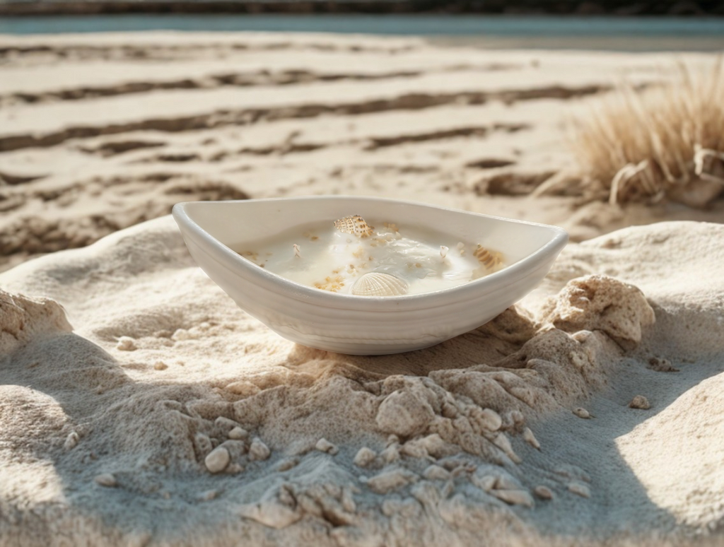 Déjate llevar por la calma del mar con esta vela artesanal presentada en un delicado recipiente de yeso cerámico con forma de barca.